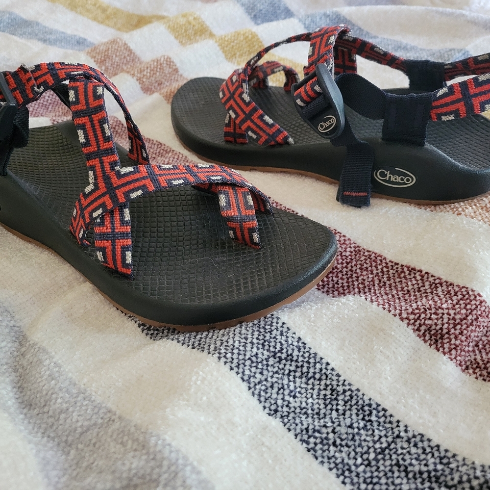 Chaco red and blue strap sandals, size 9